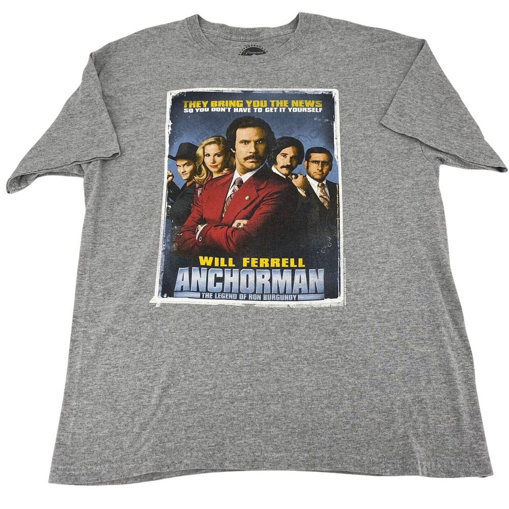 Paramount Mens Large Anchorman Movie T-Shirt  Gray Will Ferrell Ron Burgundy Tee